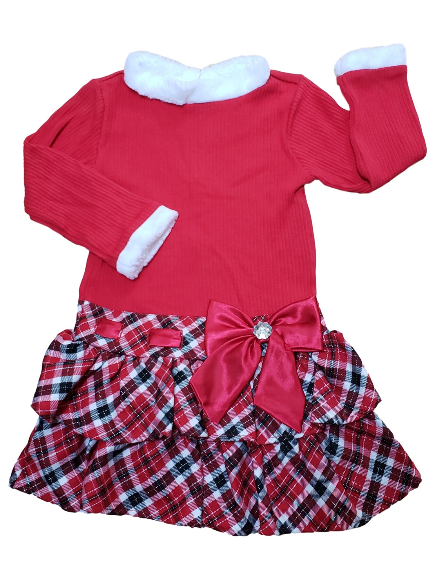 Youngland Girls Red Plaid Metallic Thread Long Sleeve Bling Bow Christmas Party Dress