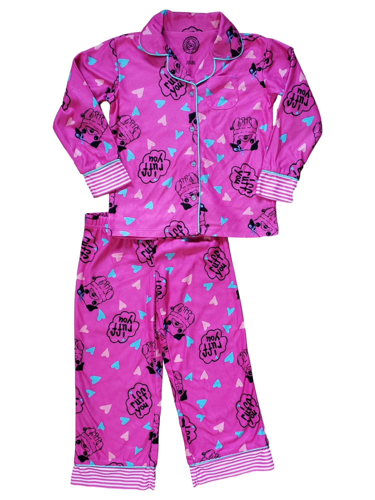 So Girls Hot Pink Pug Dog Puppy Hearts I Ruff You 2 Piece Flannel Pajama PJ Set 4
