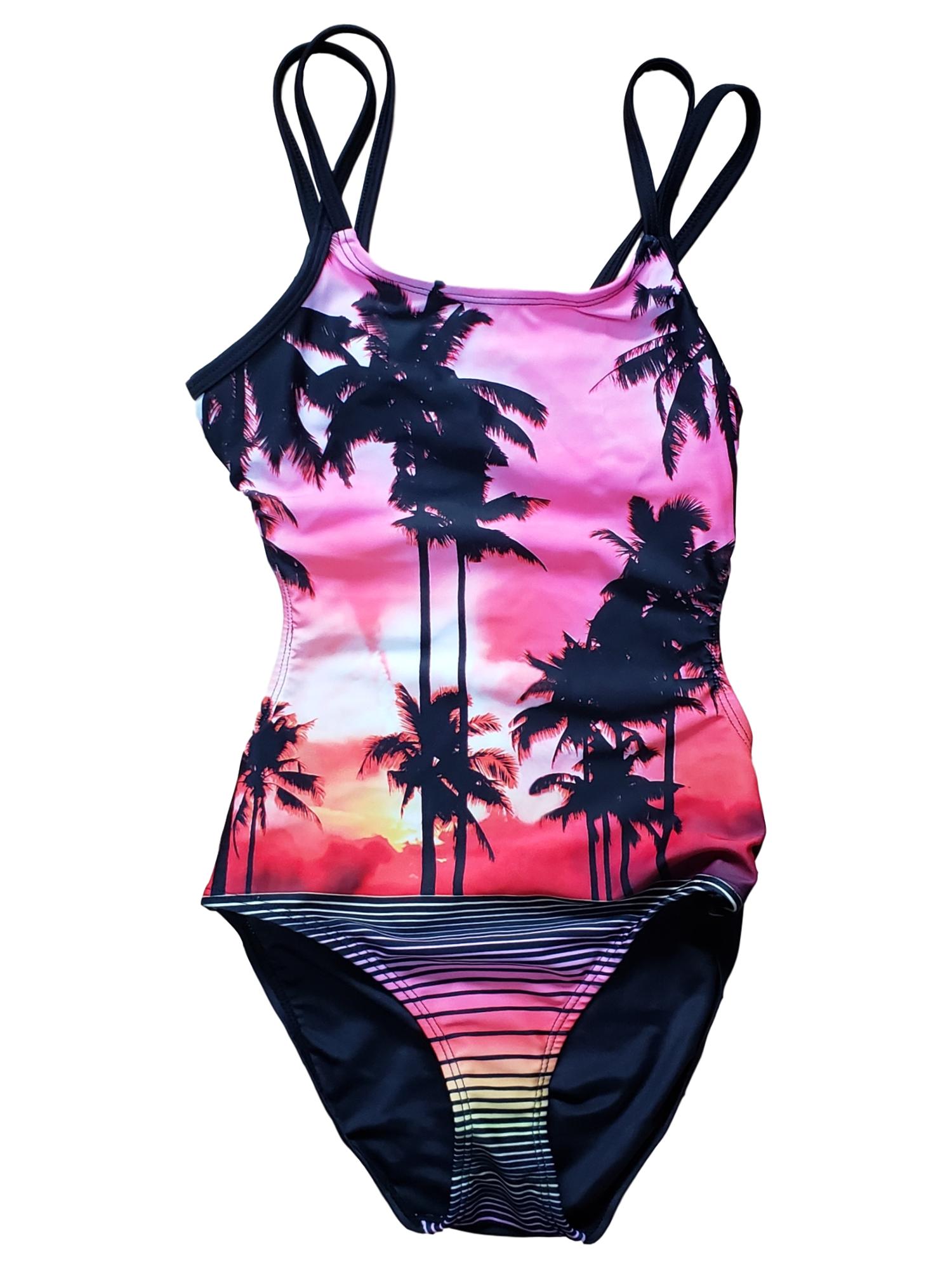 Joe Boxer Girls Pink Black Palm Tree Sunset Stripe 1 Piece Summer Swim Suit