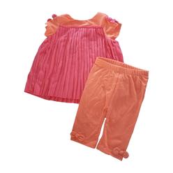 First Impressions Infant Baby Girls Coral Pink Pleated Bow Dress & Leggings 2 Pc Outfit Set