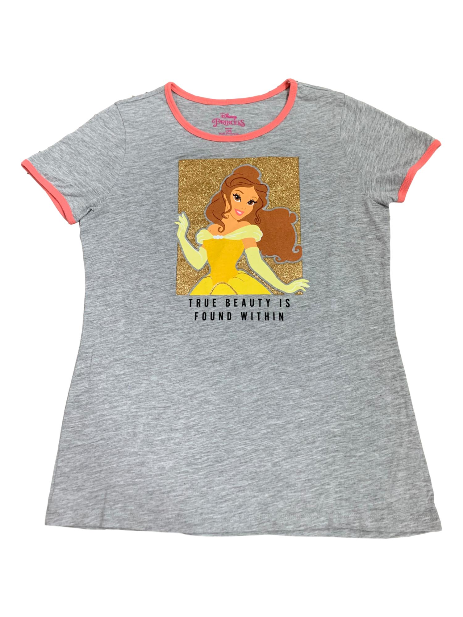 Disney Princess Belle Girls Gray & Gold Glitter Short Sleeve T-Shirt L 12