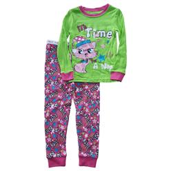 Faded Glory Toddler Girls Time For A Nap Glitter Cat Kitten Cotton 2 Pc Pajama PJ Set