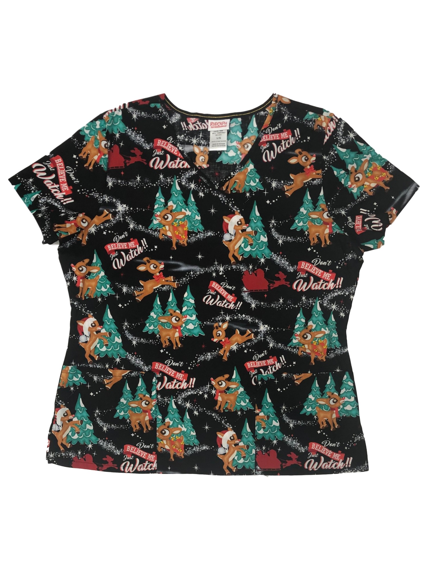 Rudolph The Red Nosed Reindeer Womens Black Christmas Holiday Scrubs Top