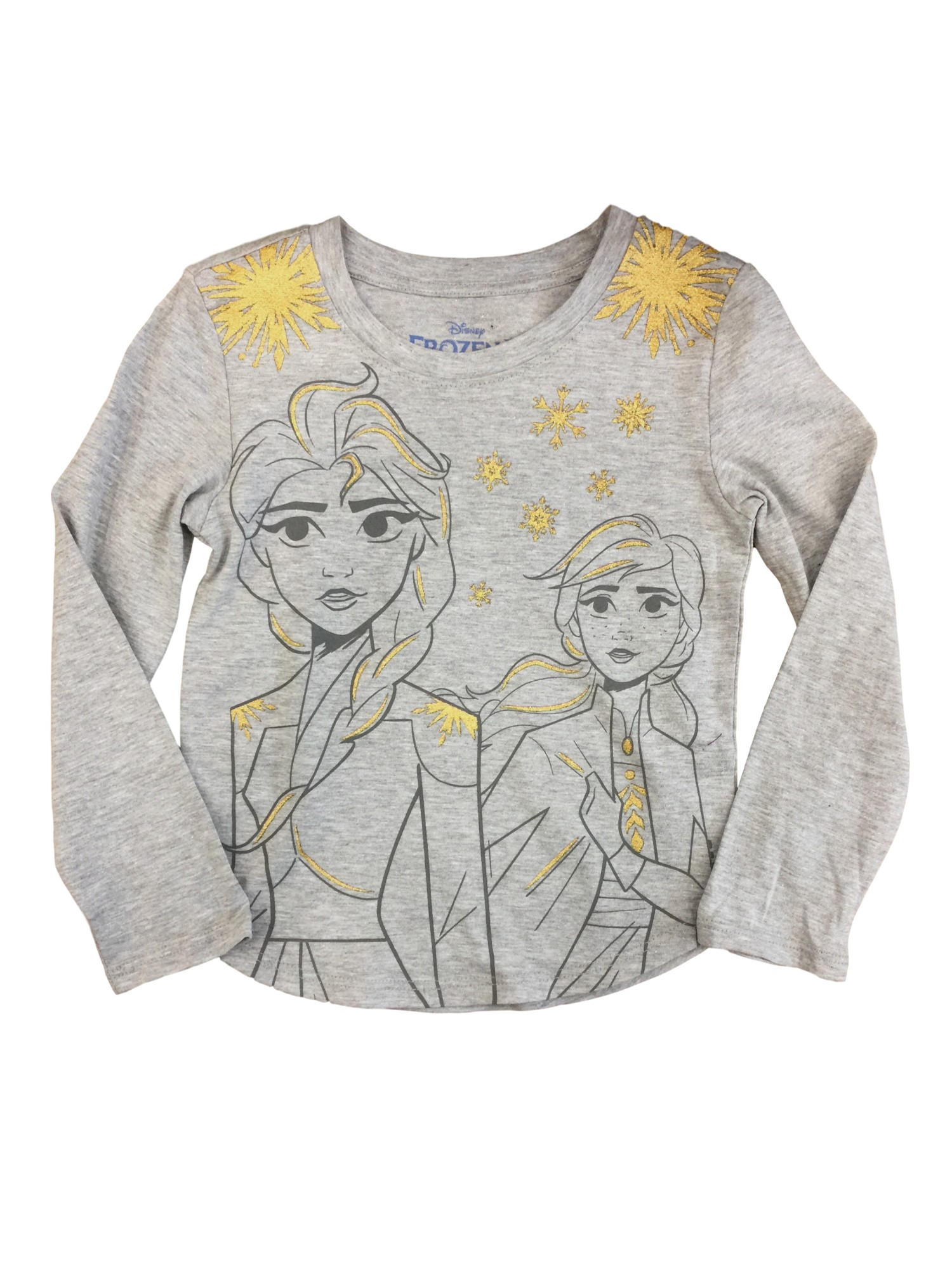 Disney Frozen 2 Girls Elsa & Anna Gray & Glitter Gold Long Sleeve Shirt