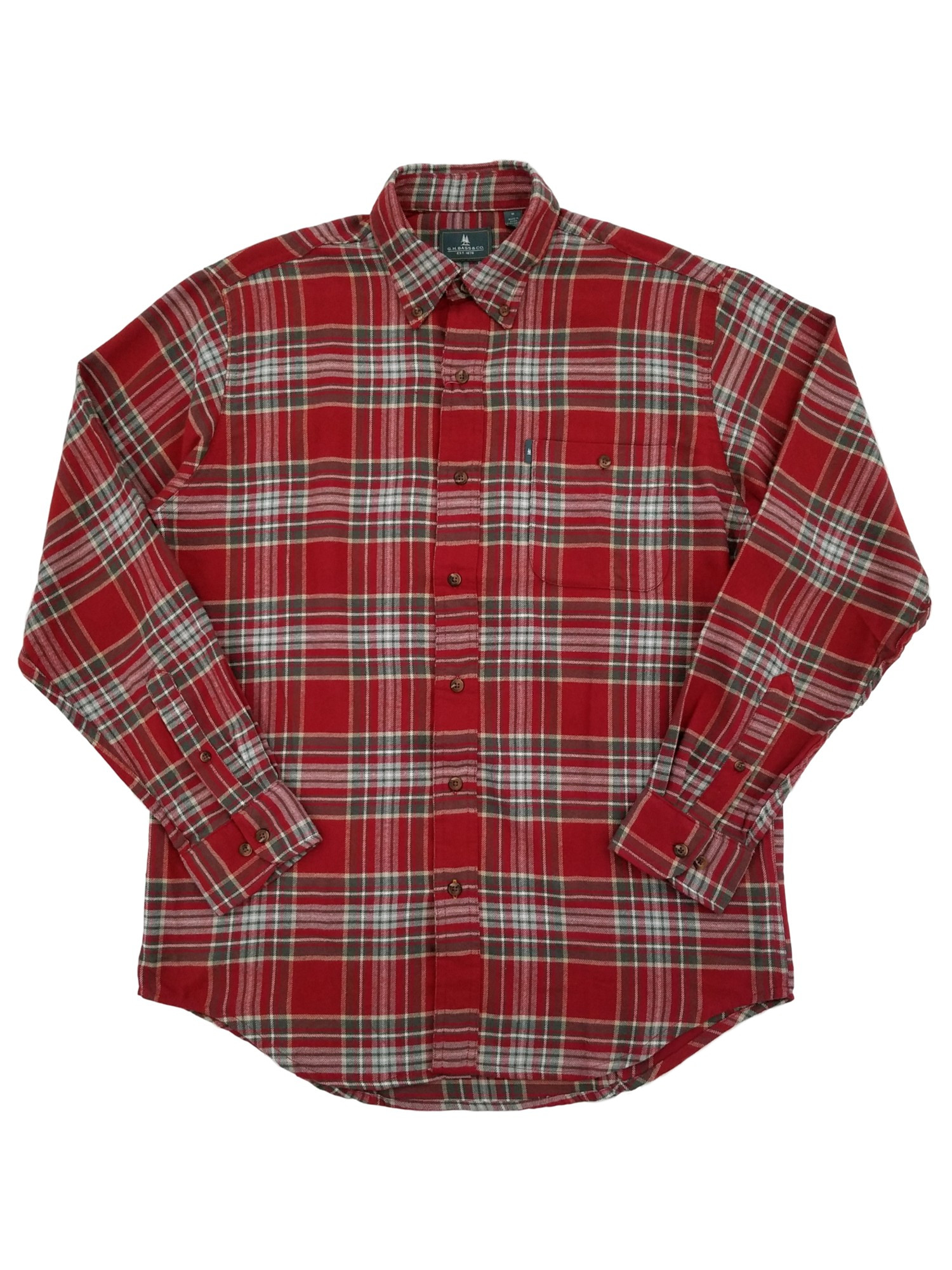 Bass Mens Red Gray Plaid Flannel Long Sleeve Button