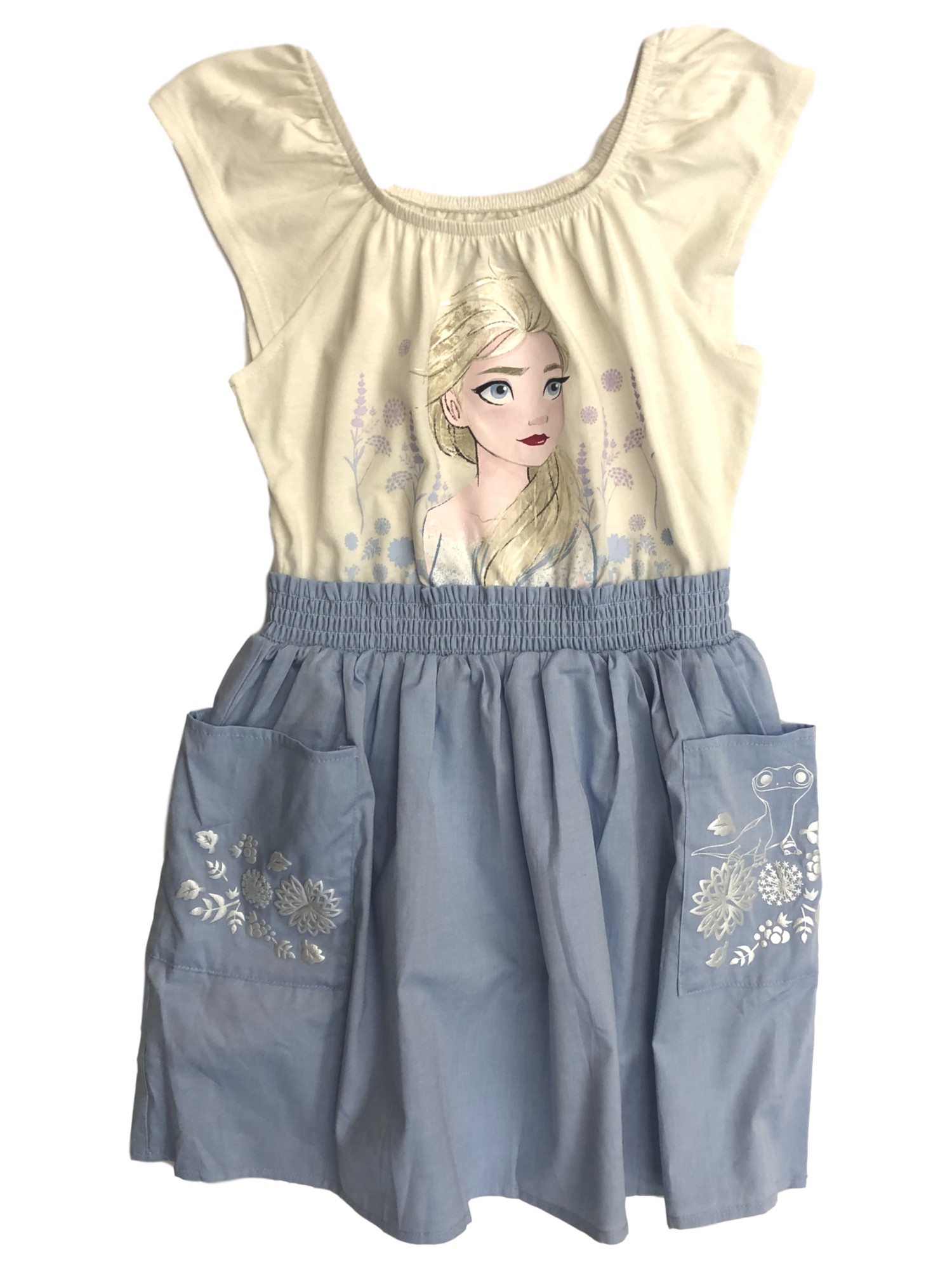 Disney Frozen Girls White & Blue Chambray Elsa Dress Medium (7/8)