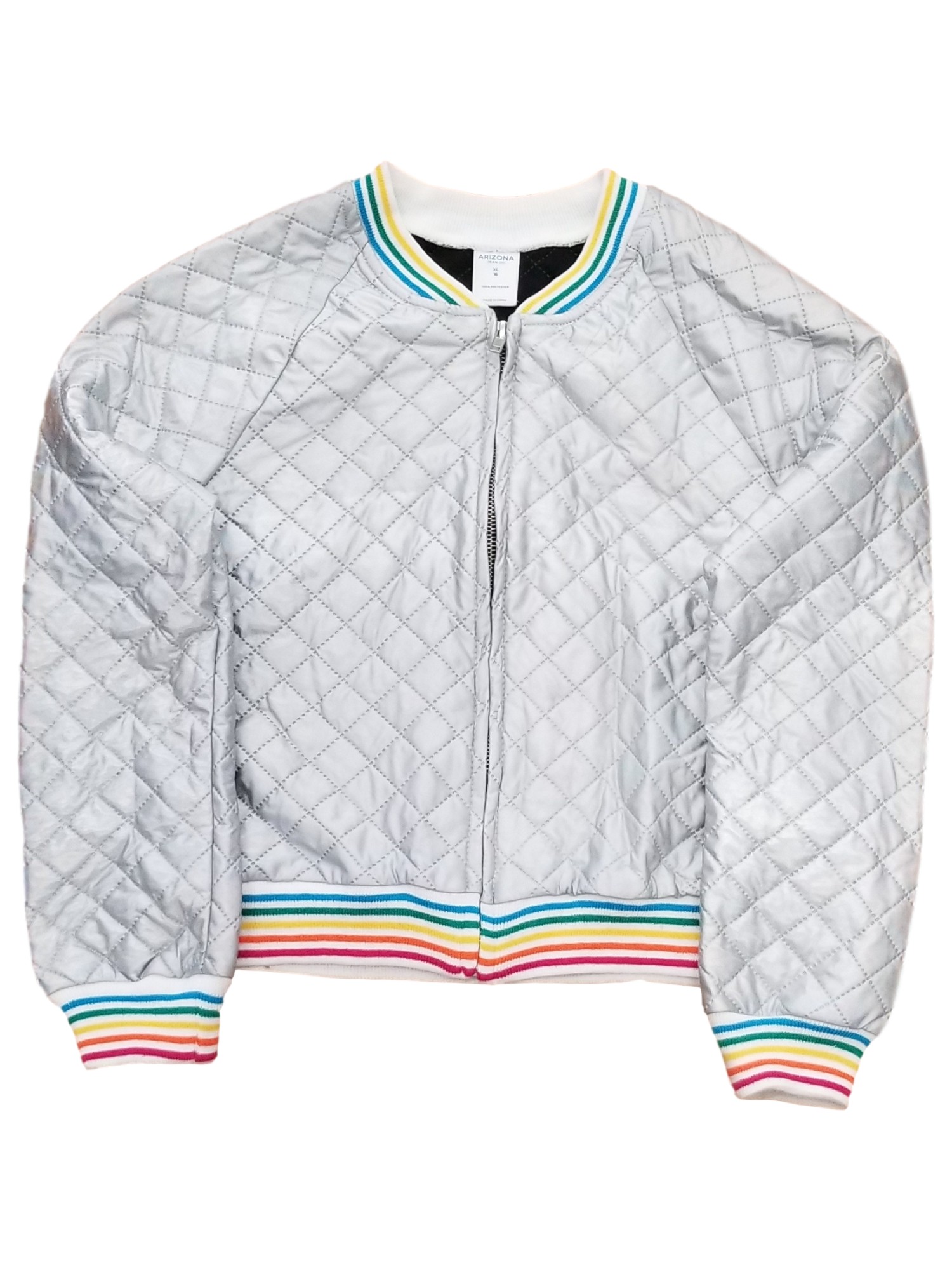 Arizona Girls Rainbow Stripes Silver Shimmer Zip Up Quilted Jacket Coat