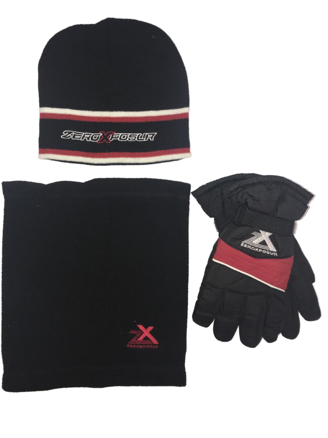 Zero Xposur Boys Black & Red Snow & Ski Gloves Gaiter & Beanie Hat Set L/XL
