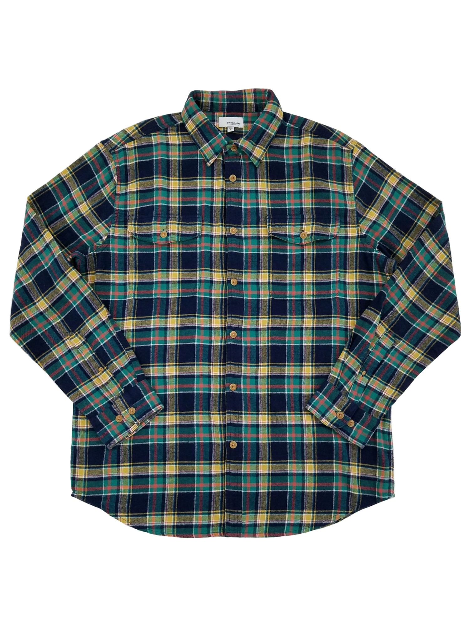 Sonoma Mens Blue Green & Yellow Plaid Long Sleeve Button-Down Flannel Shirt Sonoma Mens Blue Green & Yellow Plaid Long Sleeve Button-Down Flannel Shirt