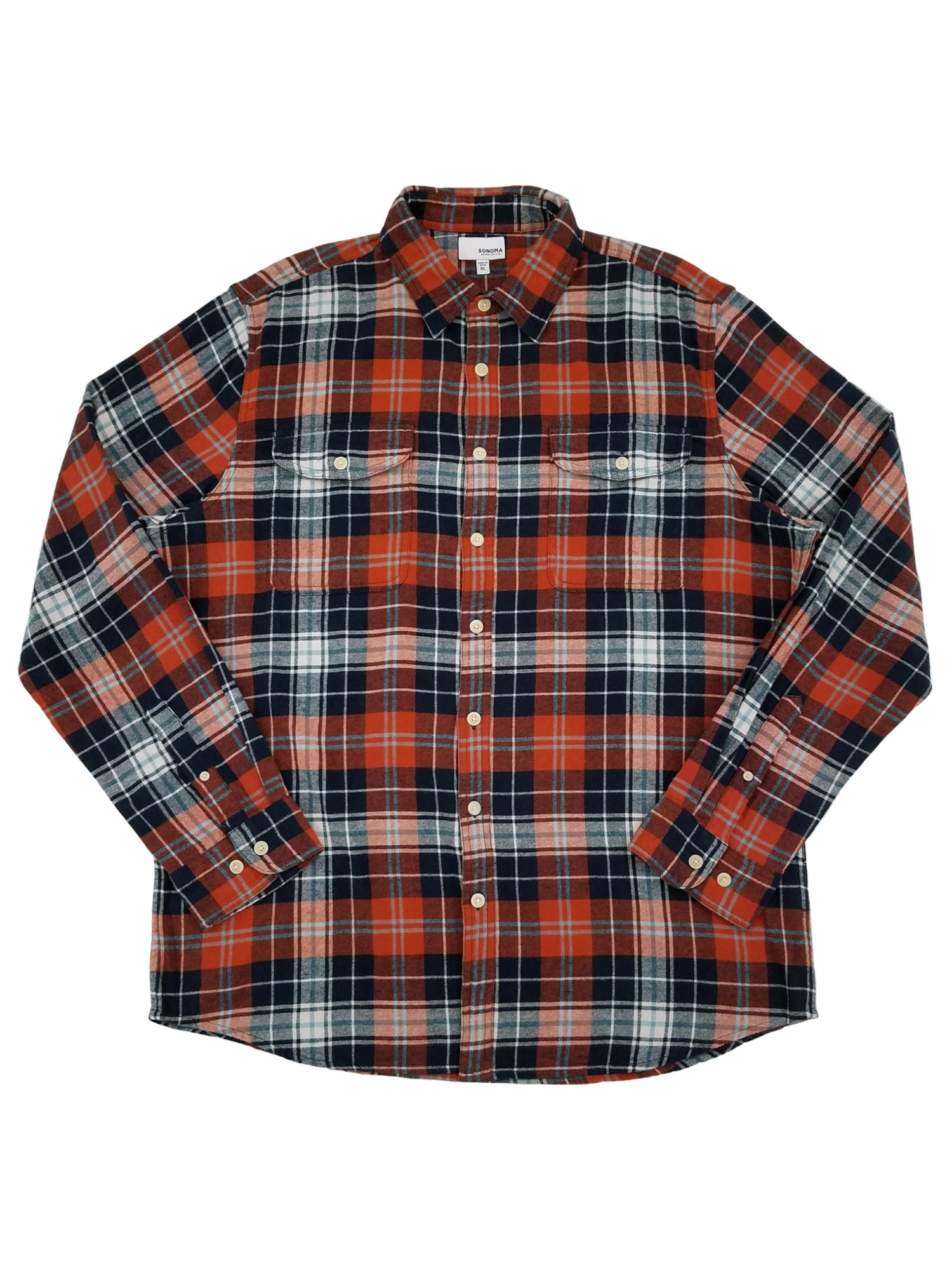 Sonoma Mens Orange Blue White Plaid Long Sleeve Button