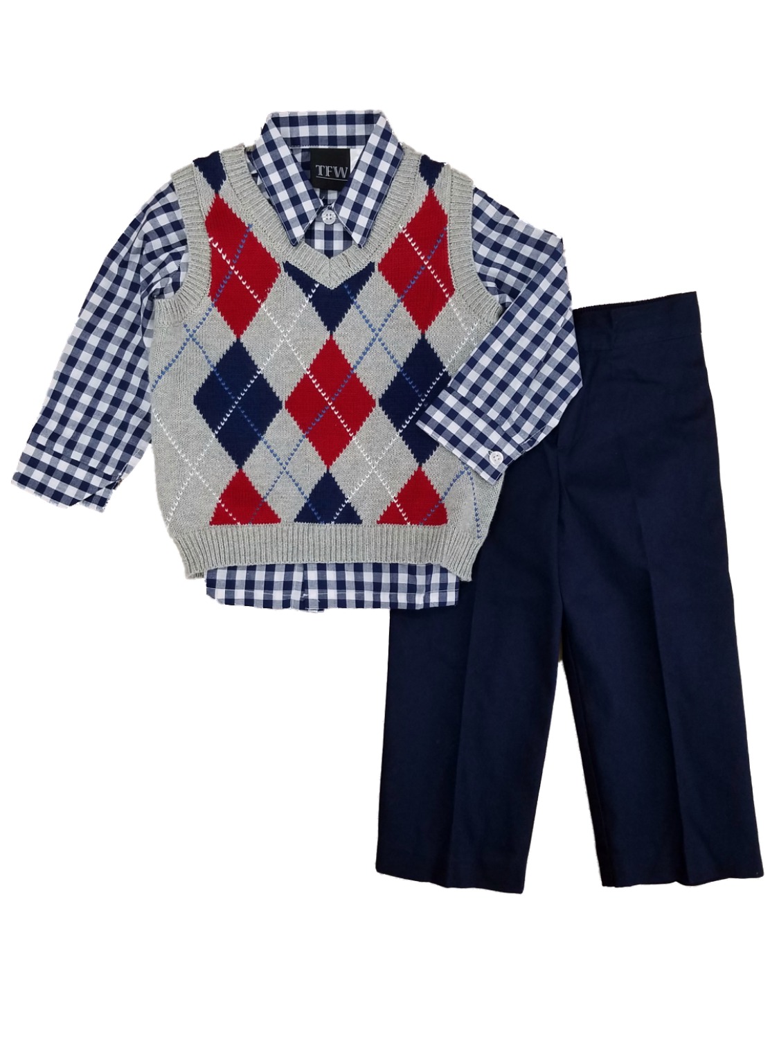 TFW Infant Boys 3-Piece Dress Up Outfit Gray Argyle Sweater Vest Shirt & Pants