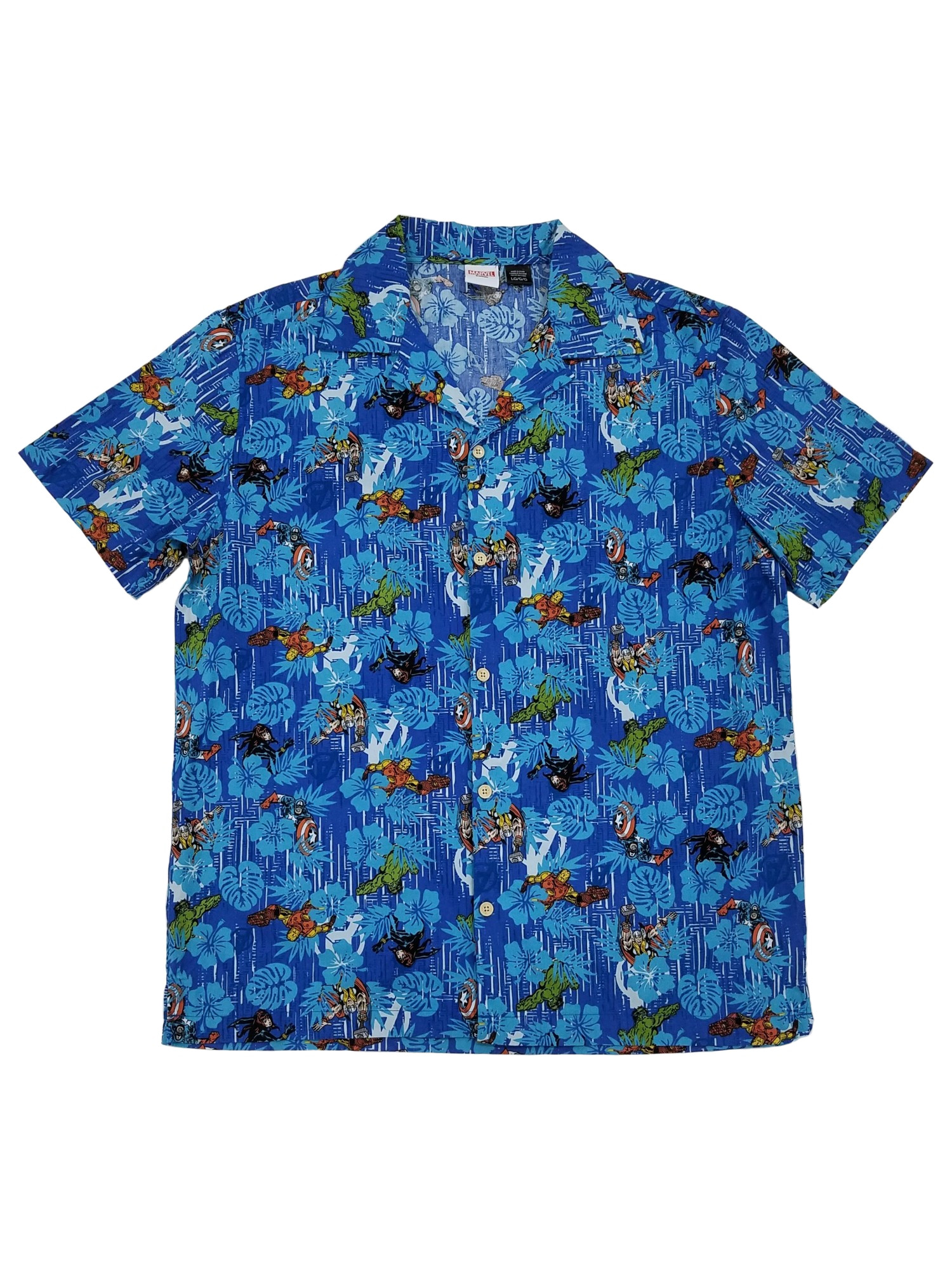 Marvel Mens Blue Avengers Hawaiian Tropical ButtonDown Shirt
