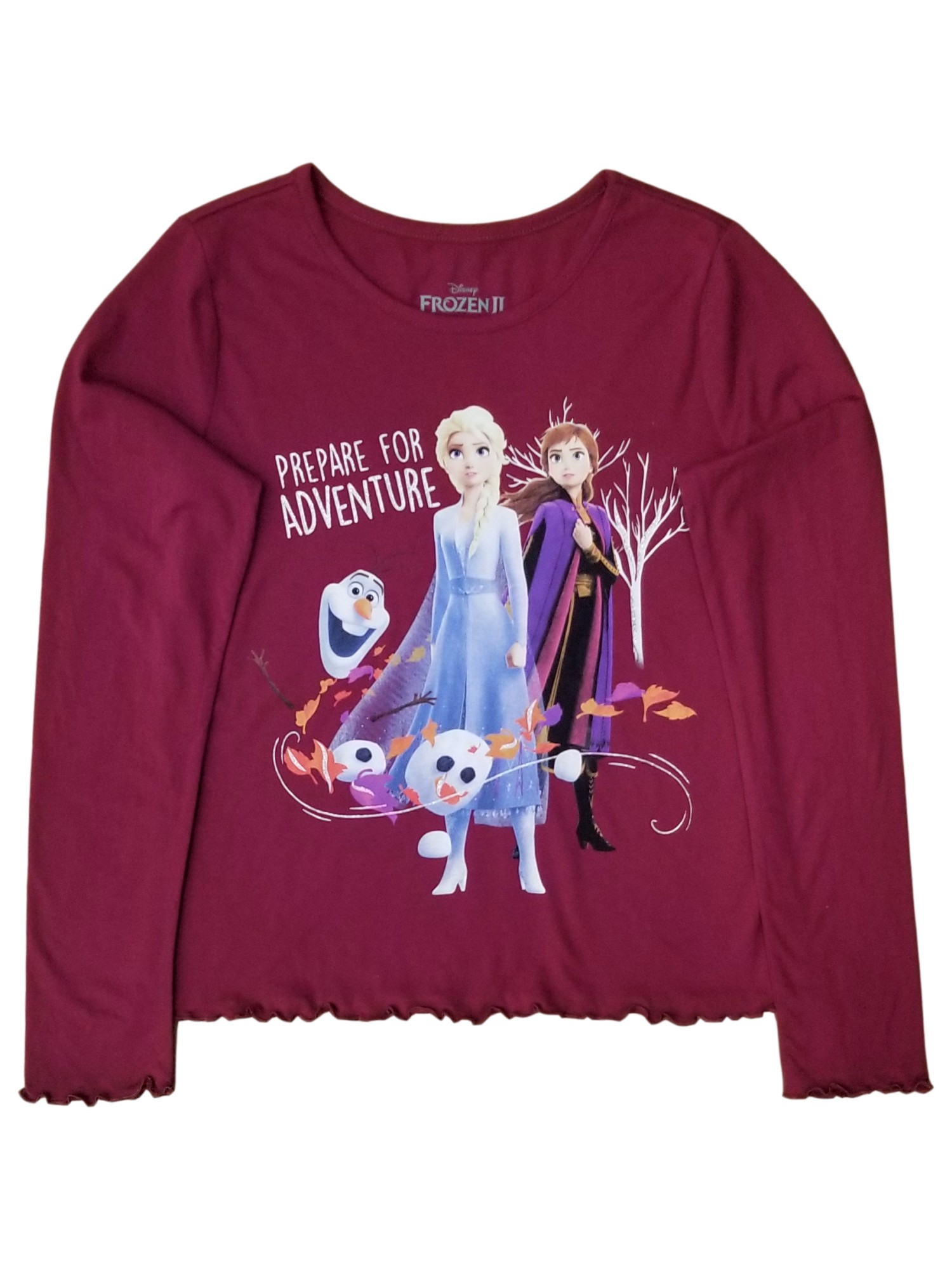 Disney Girls Frozen 2 Elsa Anna Olaf Maroon Red Long Sleeve Tee T-Shirt XL 14-16