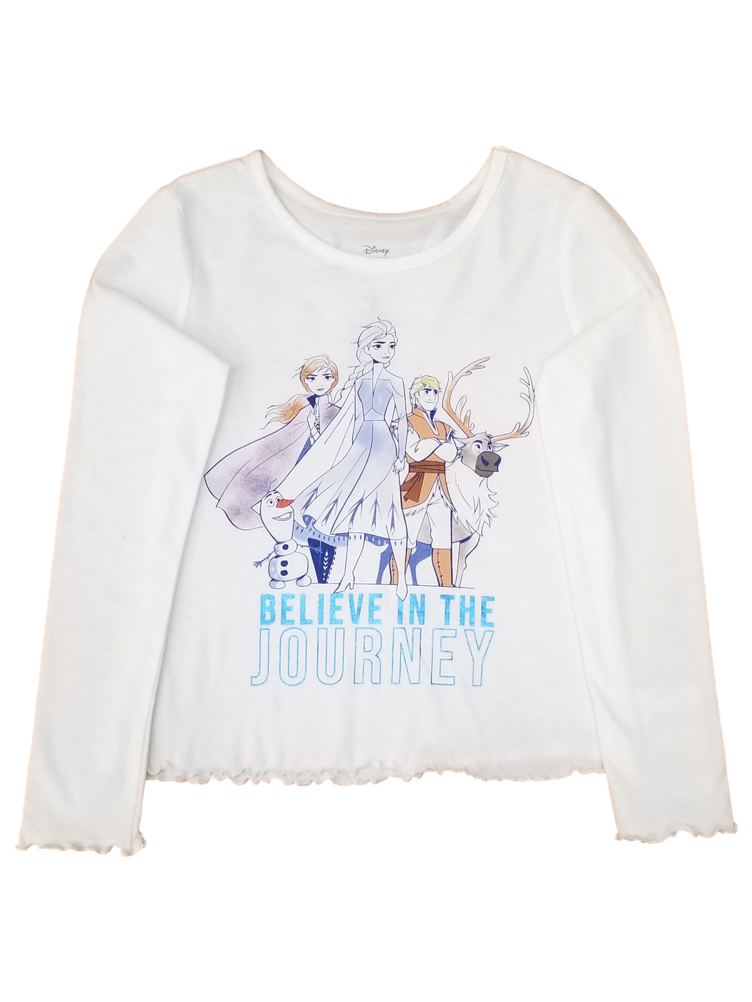 Disney Frozen Girls Elsa Anna Olaf White & Blue Long Sleeve Believe Tee T-Shirt