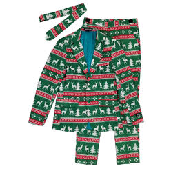 Suitmeister Mens Green Fair Isle Ugly Christmas Holiday Suit Sportscoat Slacks & Tie Small