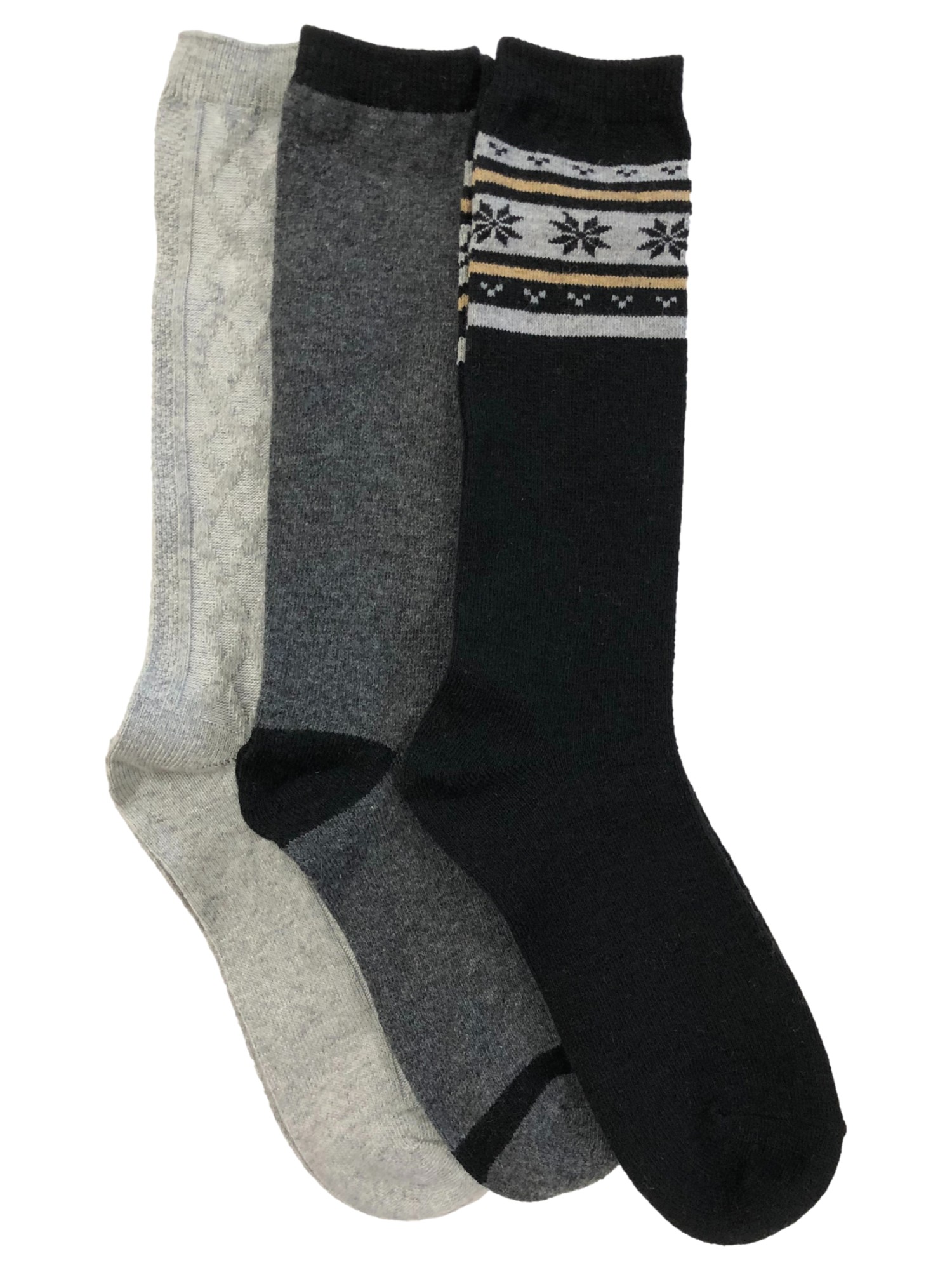 Muk Luks Womens 3 Pair Tall Boot Socks Black & Gray Snowflake