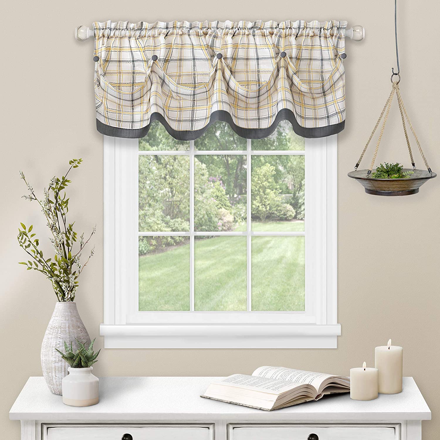 Achim Home Furnishing Gray Plaid Gingham Tab-Top 3-Piece Window Kitchen Curtains Drapes with Valance