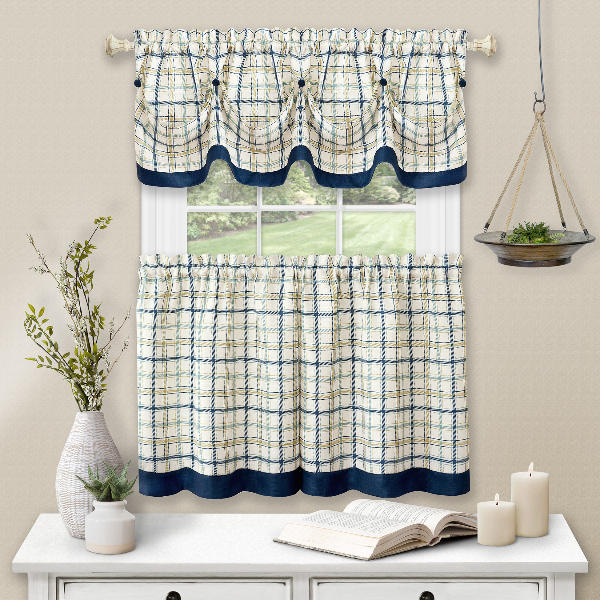 Achim Home Furnishing Navy Plaid Gingham Tab-Top 3-Piece Window Kitchen Curtains Drapes with Valance
