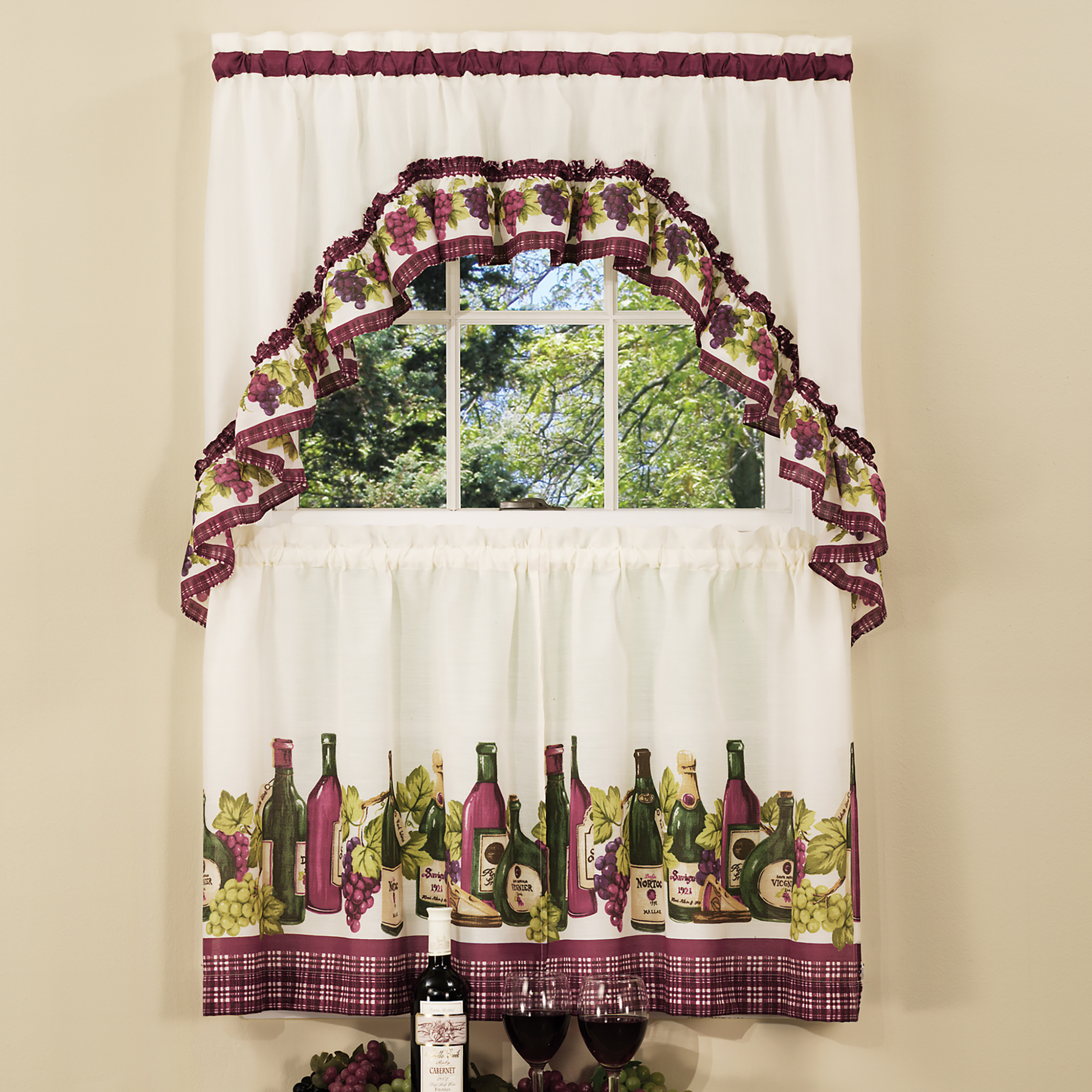 PowersellerUSA 3-Piece Window Kitchen Curtain Set, Wine and Cheese, Tier Pair Panels + Top Swag
