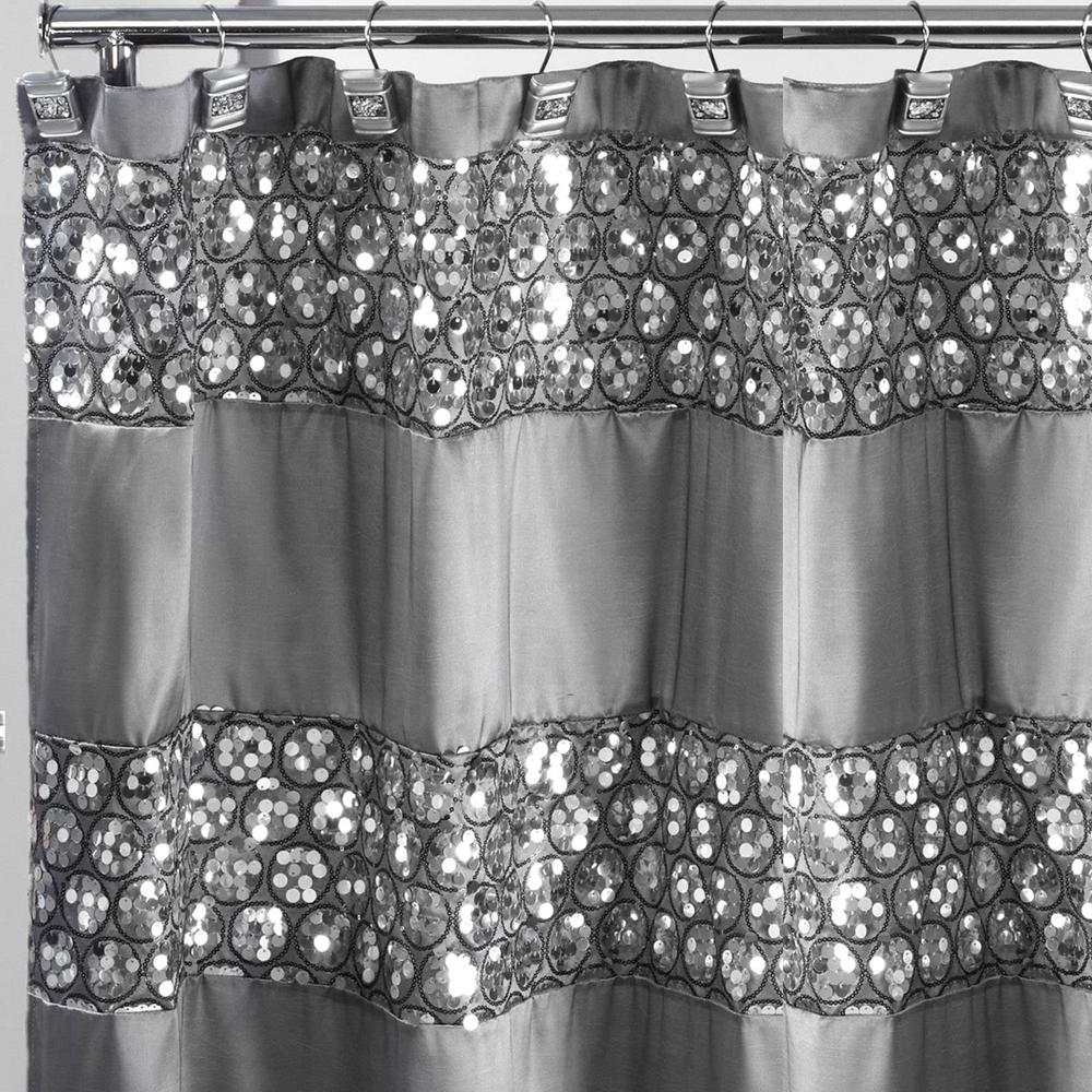 Popular Bath Sinatra Silver Collection 70 x 72 Bathroom Fabric Shower Curtain & Hook Set