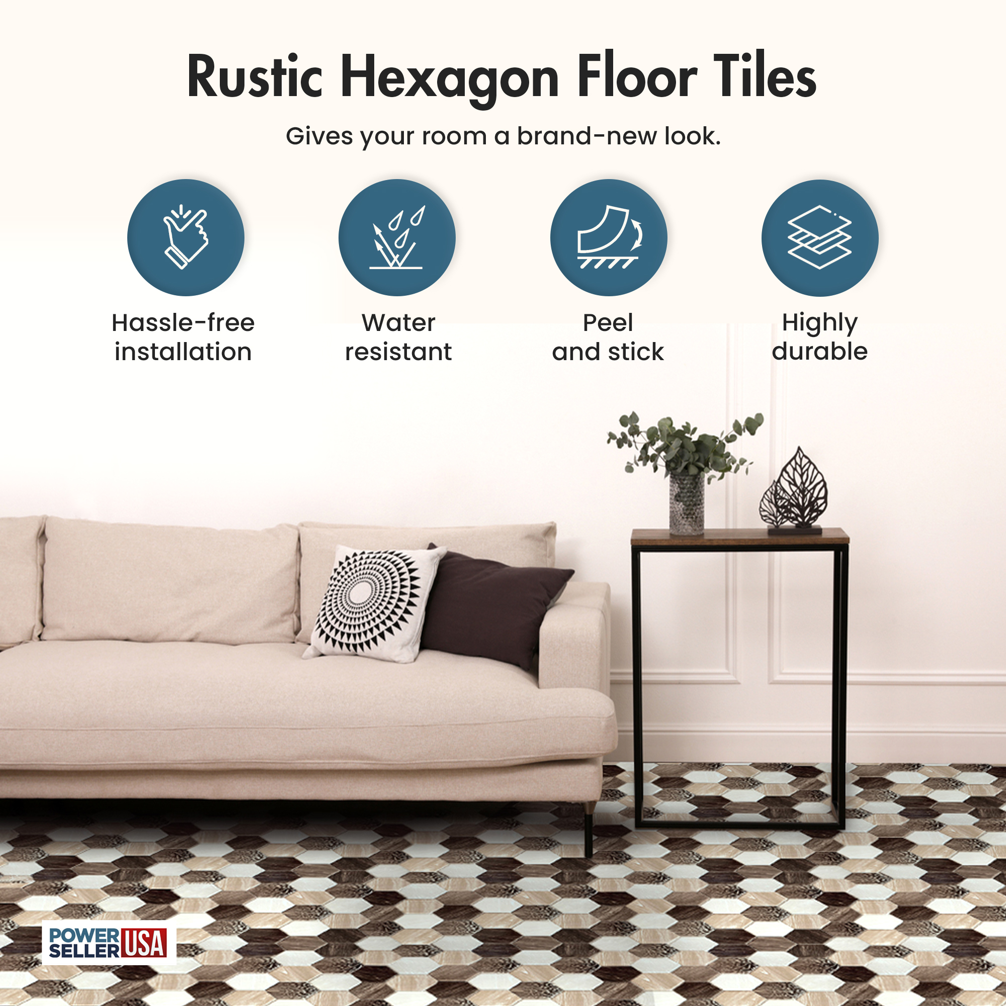 PowerSellerUSA Vinyl Self Adhesive Floor Tiles 100 Pcs 12x12 inches with 1.2 mm Thickness, Hexagon Tiles
