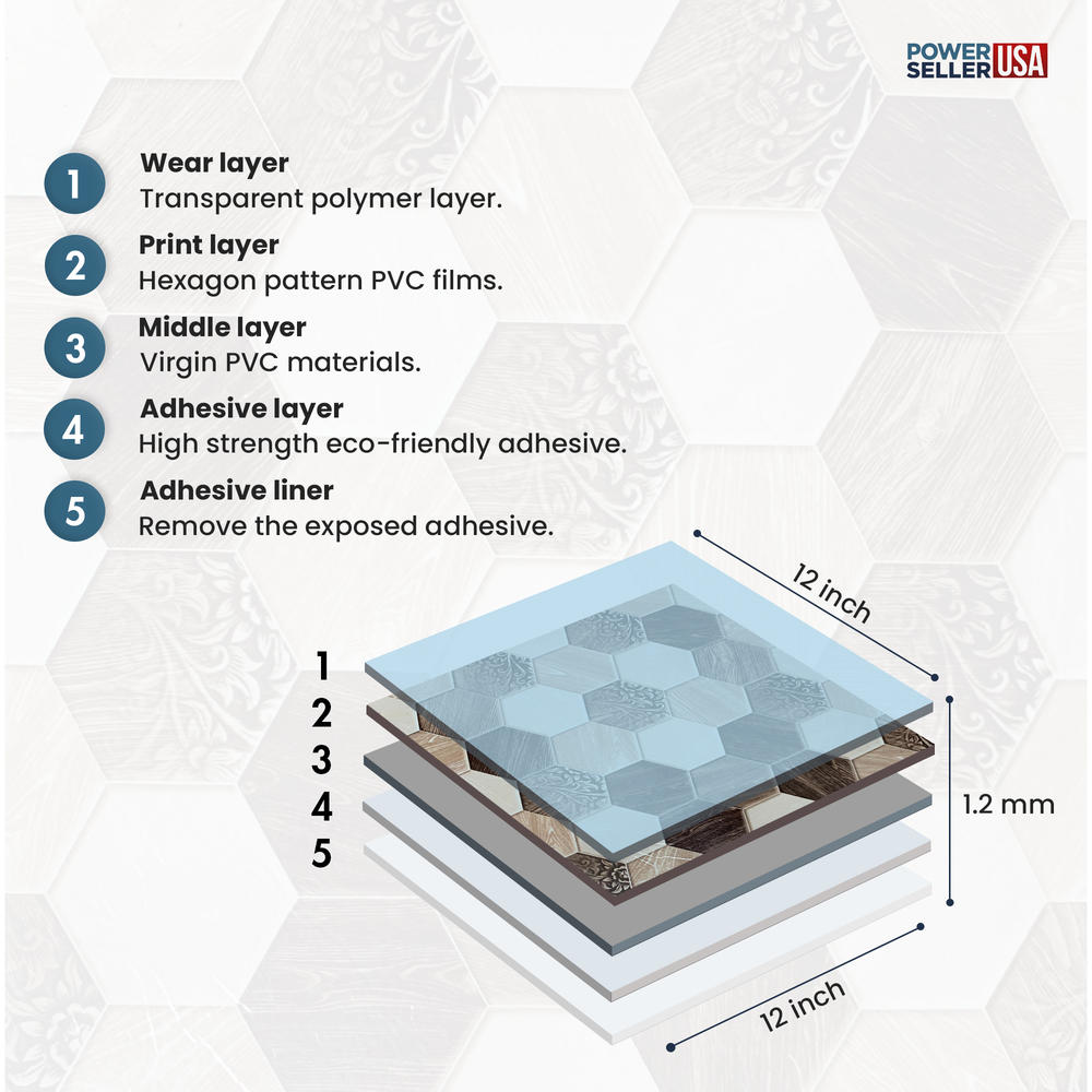 PowerSellerUSA Vinyl Self Adhesive Floor Tiles 100 Pcs 12x12 inches with 1.2 mm Thickness, Hexagon Tiles