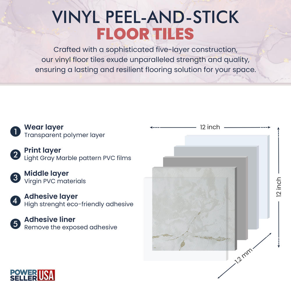 PowerSellerUSA Vinyl Self Adhesive 12x12 inches with 1.2 mm Thick 100-Pieces, Light Gray Marble