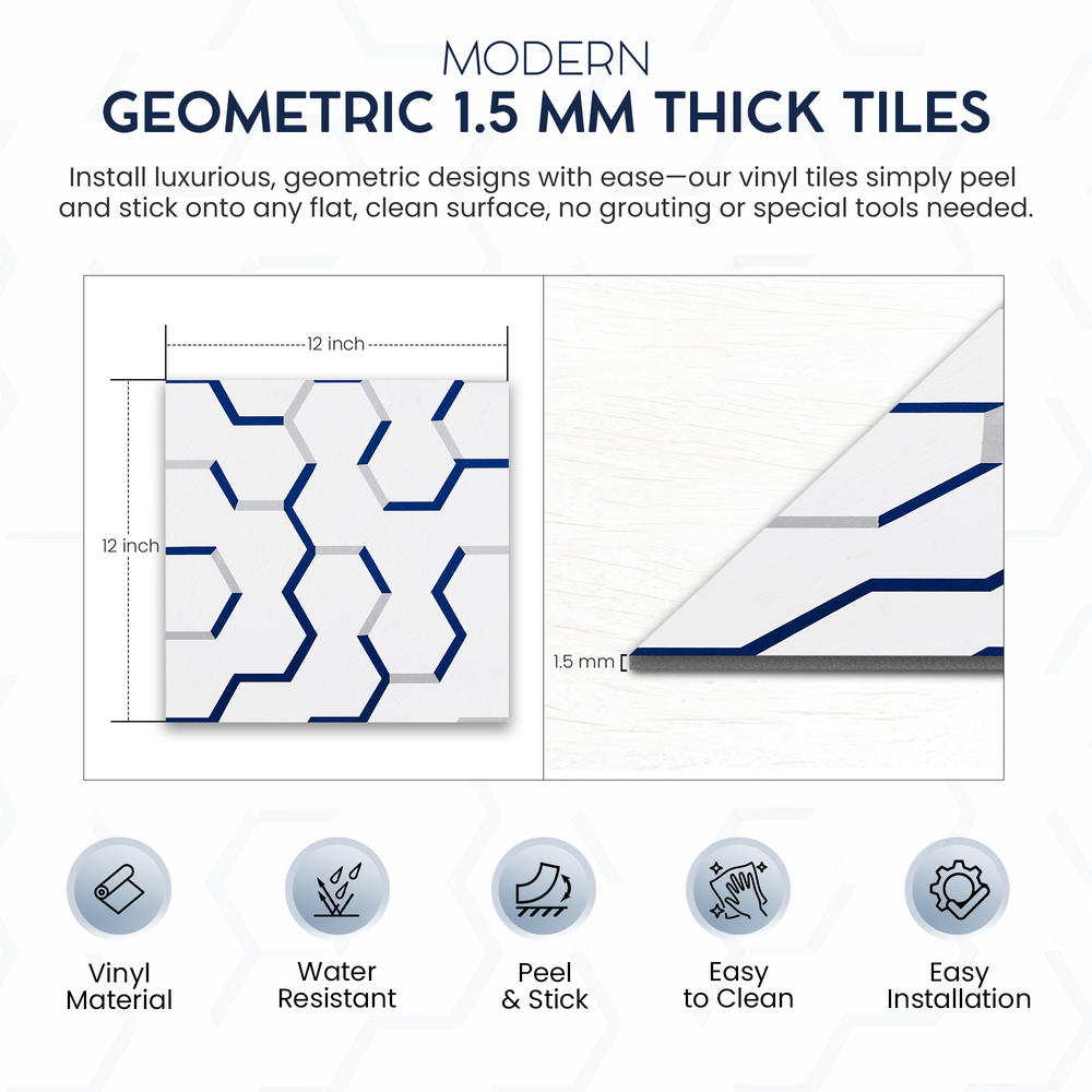 PowerSellerUSA Self-Stick Vinyl Modern Geometric 100-Pcs 1.5mm Thick Floor Tiles, 12" x 12", White/Blue Geometric