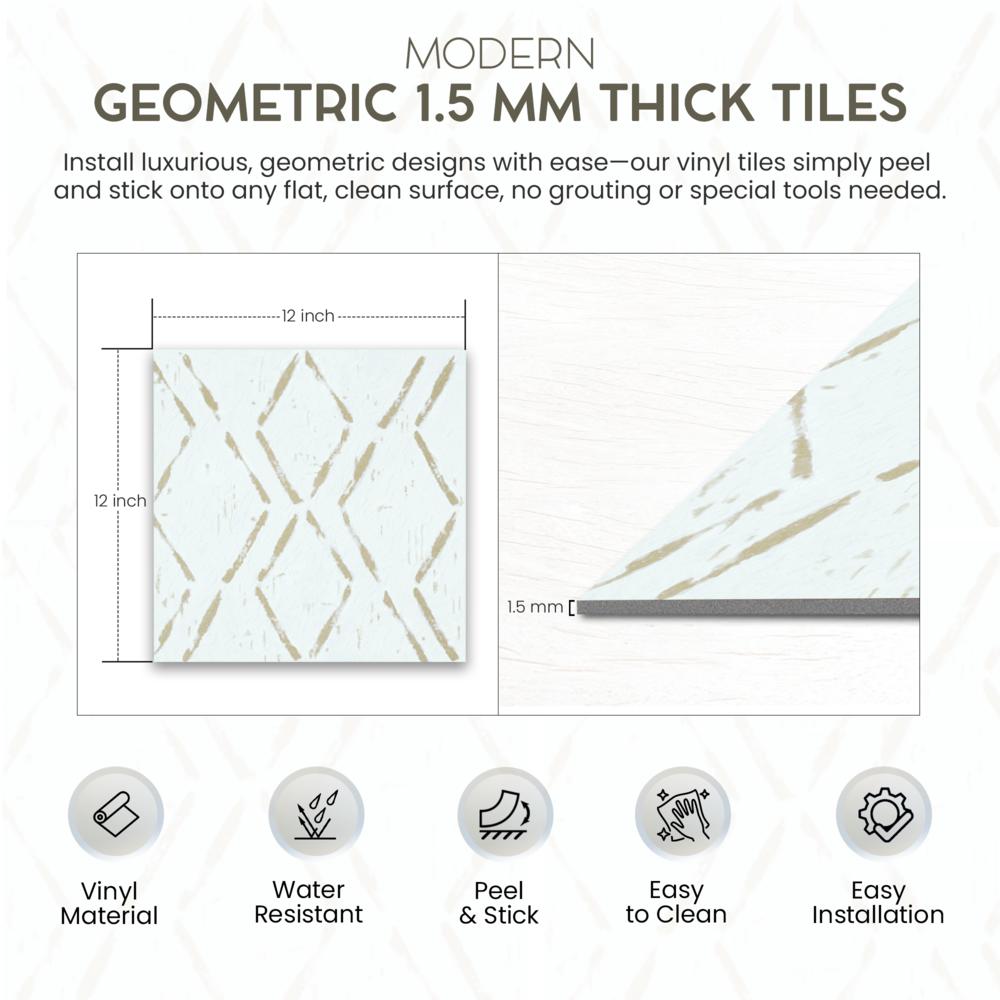 PowerSellerUSA Self-Stick Vinyl Modern Geometric 40-Pcs 1.5mm Thick Floor Tiles, 12" x 12", White/Gold Diamond