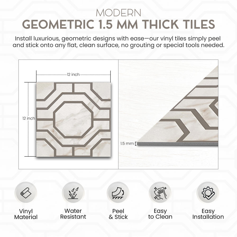 PowerSellerUSA Self-Stick Vinyl Modern Geometric 40-Pcs 1.5mm Thick Floor Tiles, 12" x 12", Gray Octagon