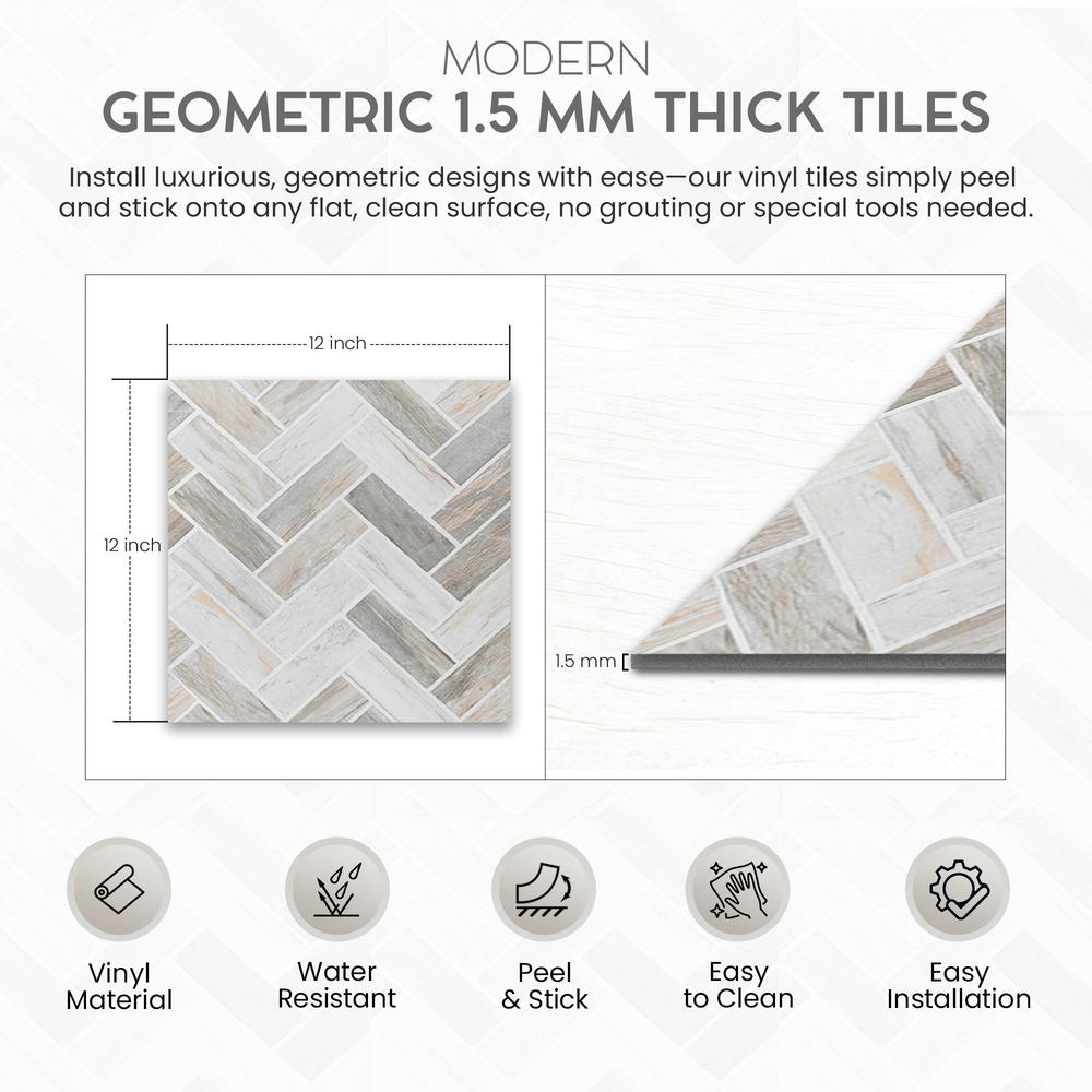 PowerSellerUSA Self-Stick Vinyl Modern Geometric 100-Pcs 1.5mm Thick Floor Tiles, 12" x 12", Gray Herringbone