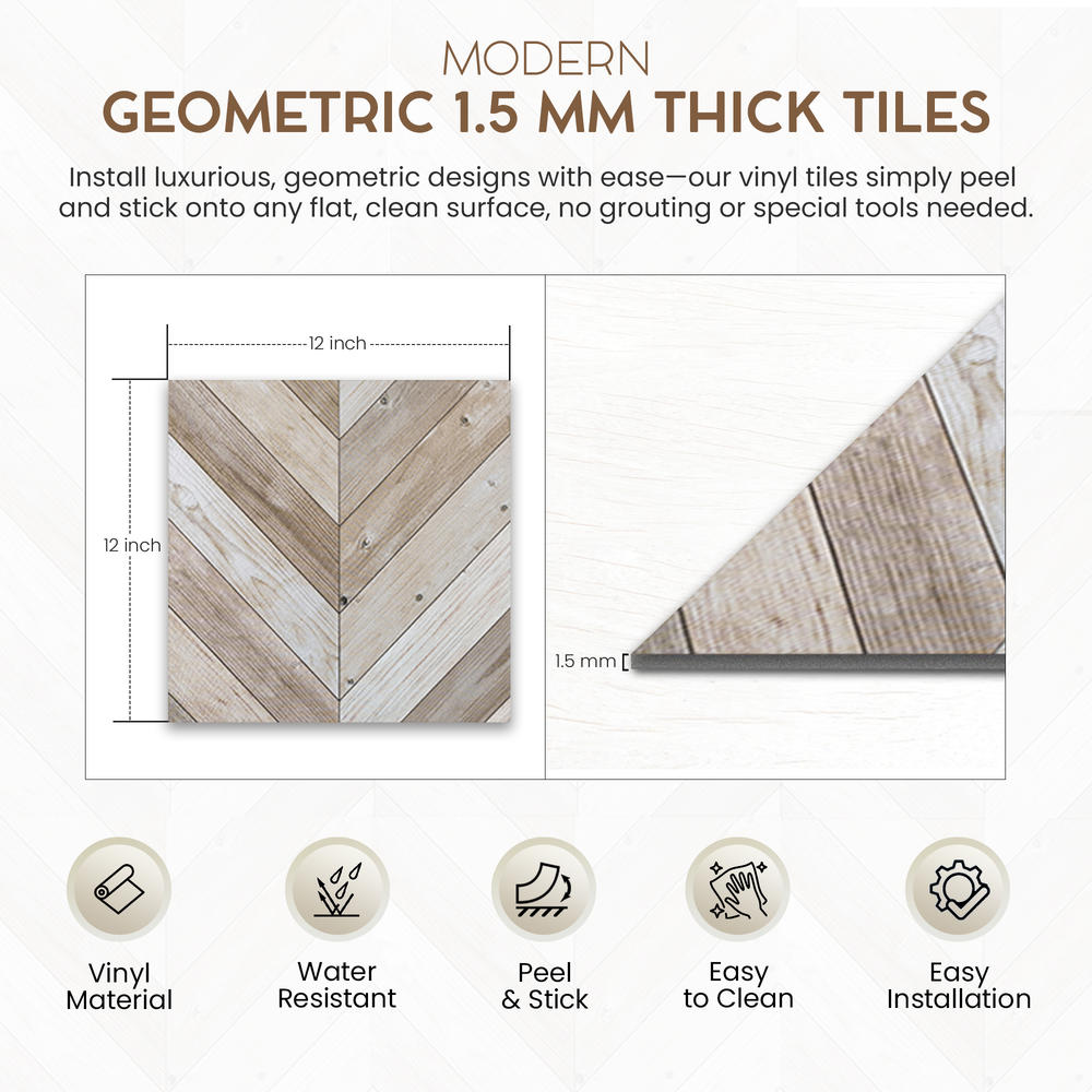 PowerSellerUSA Self-Stick Vinyl Modern Geometric 100-Pcs 1.5mm Thick Floor Tiles, 12" x 12", Wooden Chevron