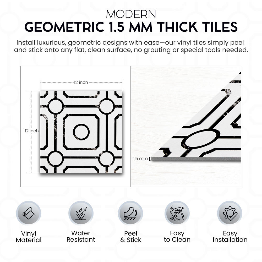 PowerSellerUSA Self-Stick Vinyl Modern Geometric 20-Pcs 1.5mm Thick Tiles, 12" x 12", Black/White Geometric