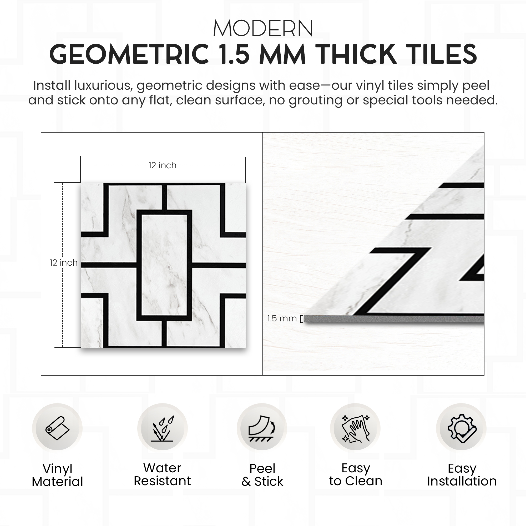 PowerSellerUSA Self-Stick Vinyl Modern Geometric 100-Pcs 1.5mm Thick Floor Tiles, 12" x 12", Black/White Lines