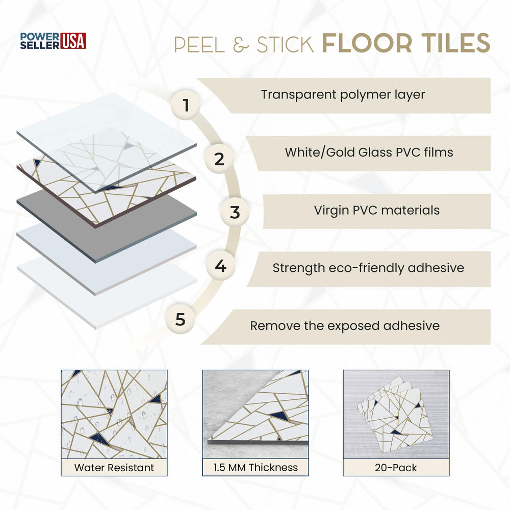 PowerSellerUSA Self-Stick Vinyl Modern Geometric 100-Pcs 1.5mm Thick Floor Tiles, 12" x 12", White/Gold Glass