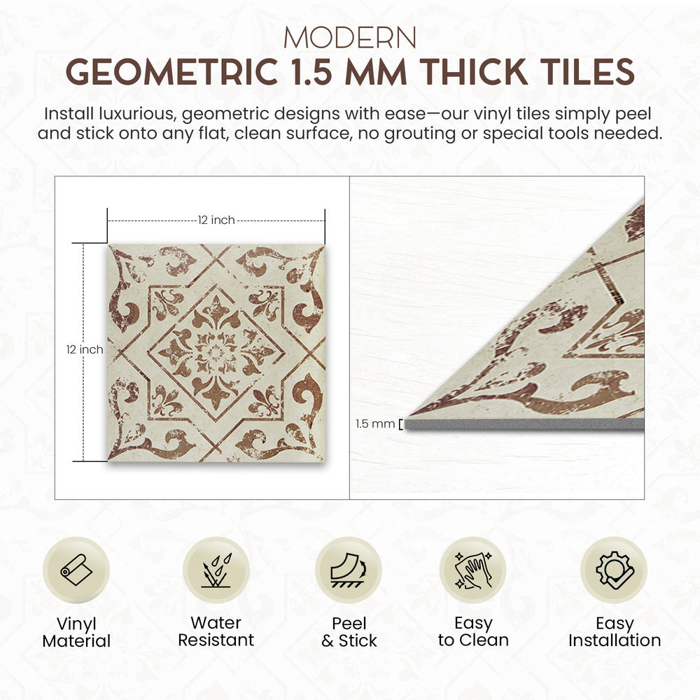 PowerSellerUSA Self-Stick Vinyl Modern Geometric 100-Pcs 1.5mm Thick Floor Tiles, 12" x 12", Toffee Medallion