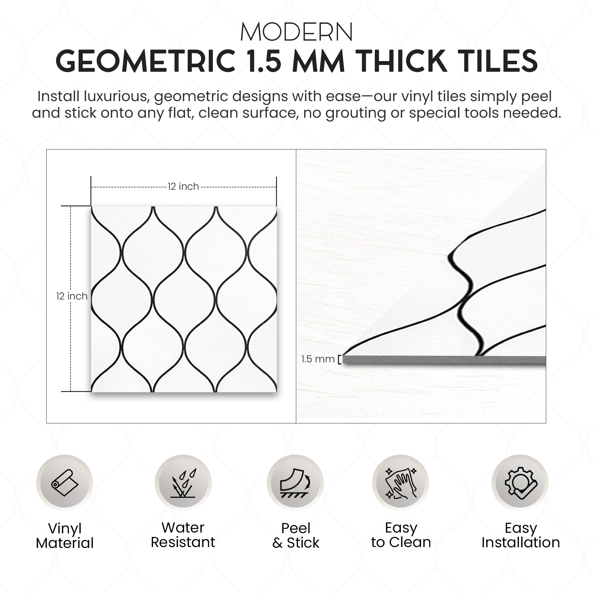 PowerSellerUSA Self-Stick Vinyl Modern Geometric 100-Pcs 1.5mm Thick Floor Tiles, 12" x 12", White/Black Lattice