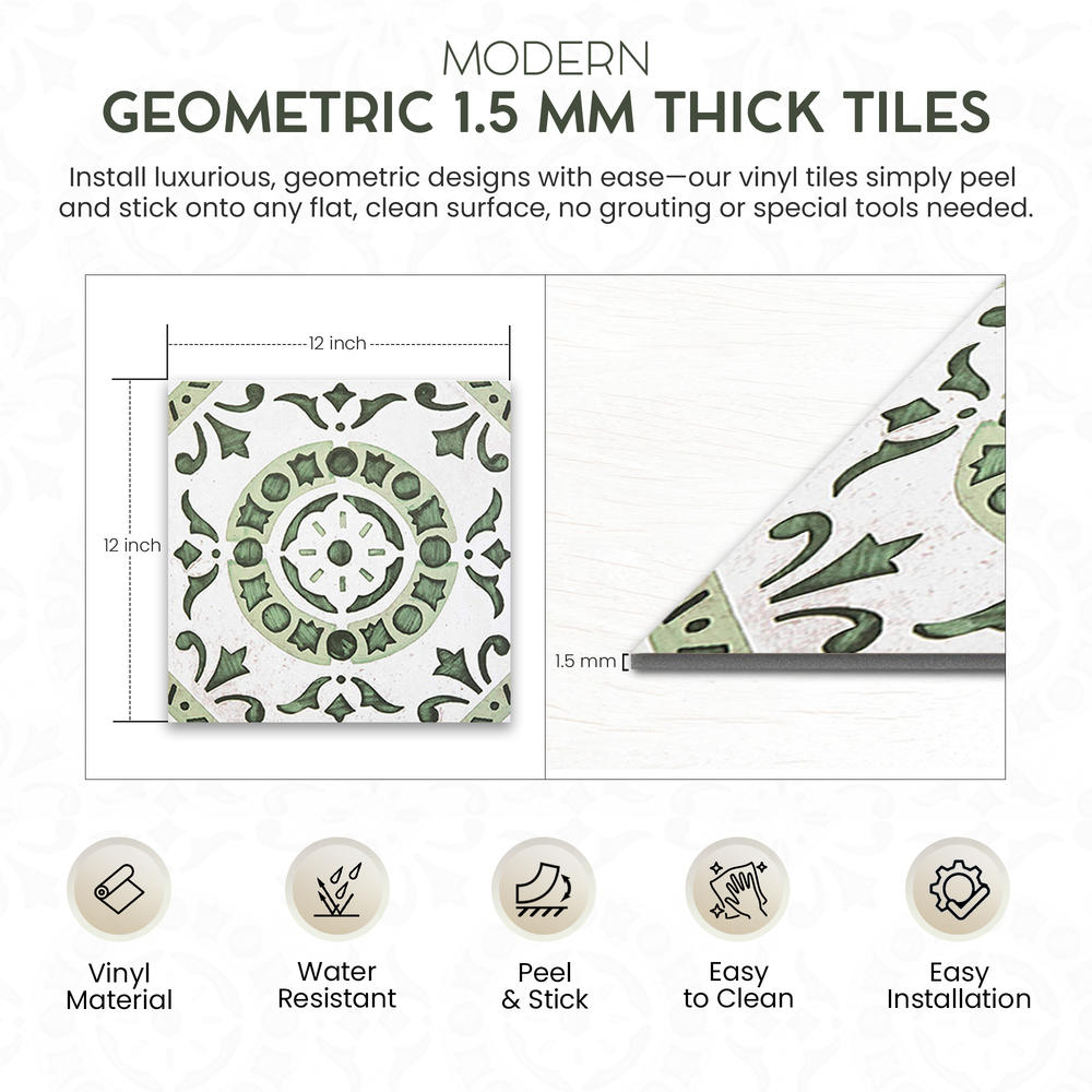 PowerSellerUSA Self-Stick Vinyl Modern Geometric 100-Pcs 1.5mm Thick Floor Tiles, 12" x 12", Green Floral Medallion
