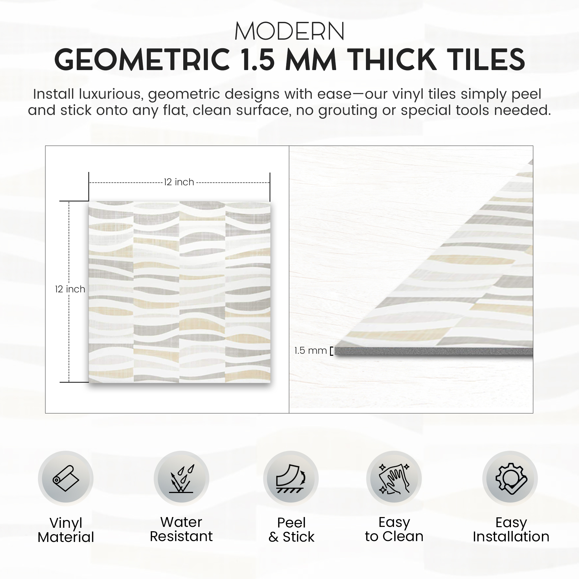 PowerSellerUSA Self-Stick Vinyl Modern Geometric 100-Pcs 1.5mm Thick Floor Tiles, 12" x 12", Waves