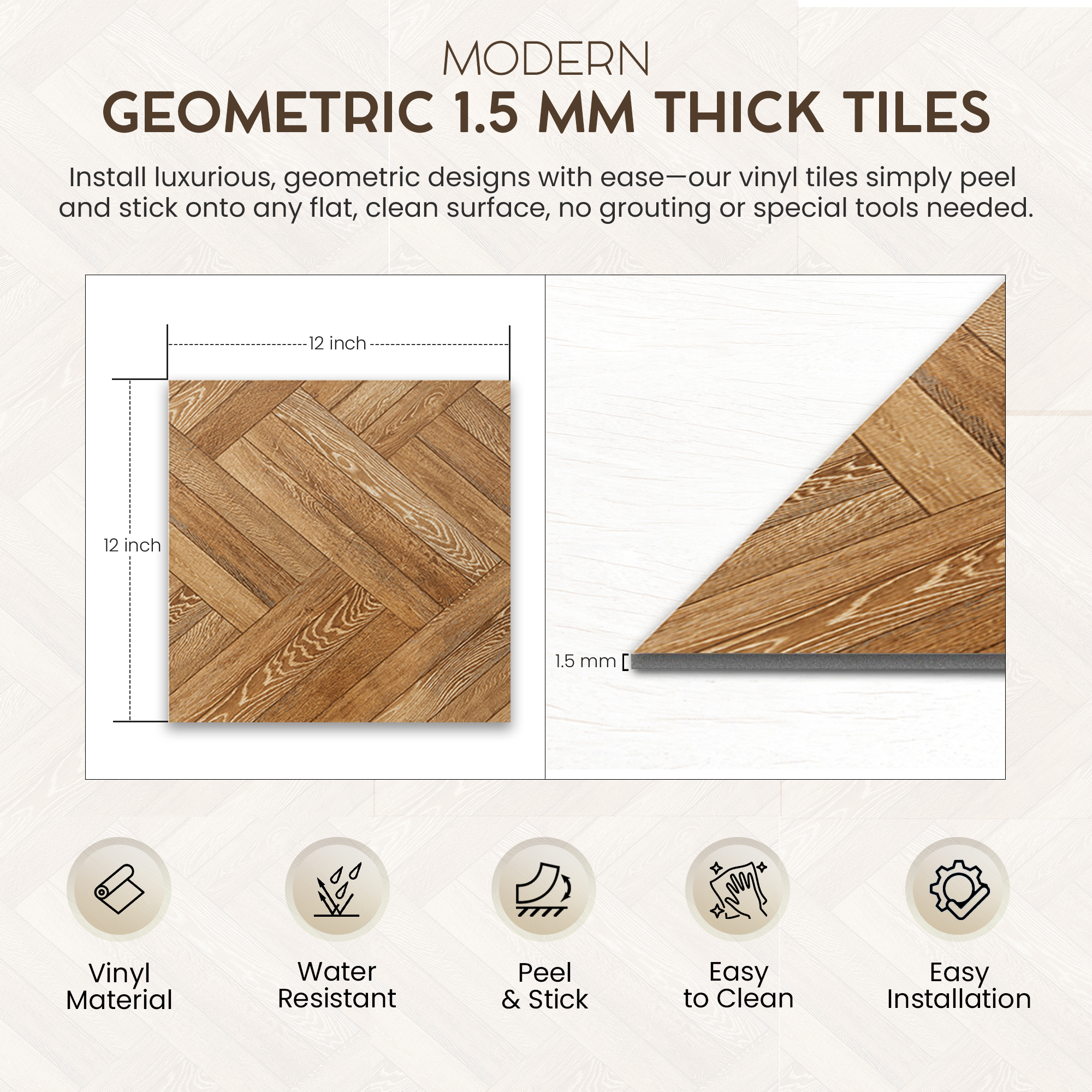 PowerSellerUSA Self-Stick Vinyl Modern Geometric 80-Pcs 1.5mm Thick Floor Tiles, 12" x 12", Wood Herringbone