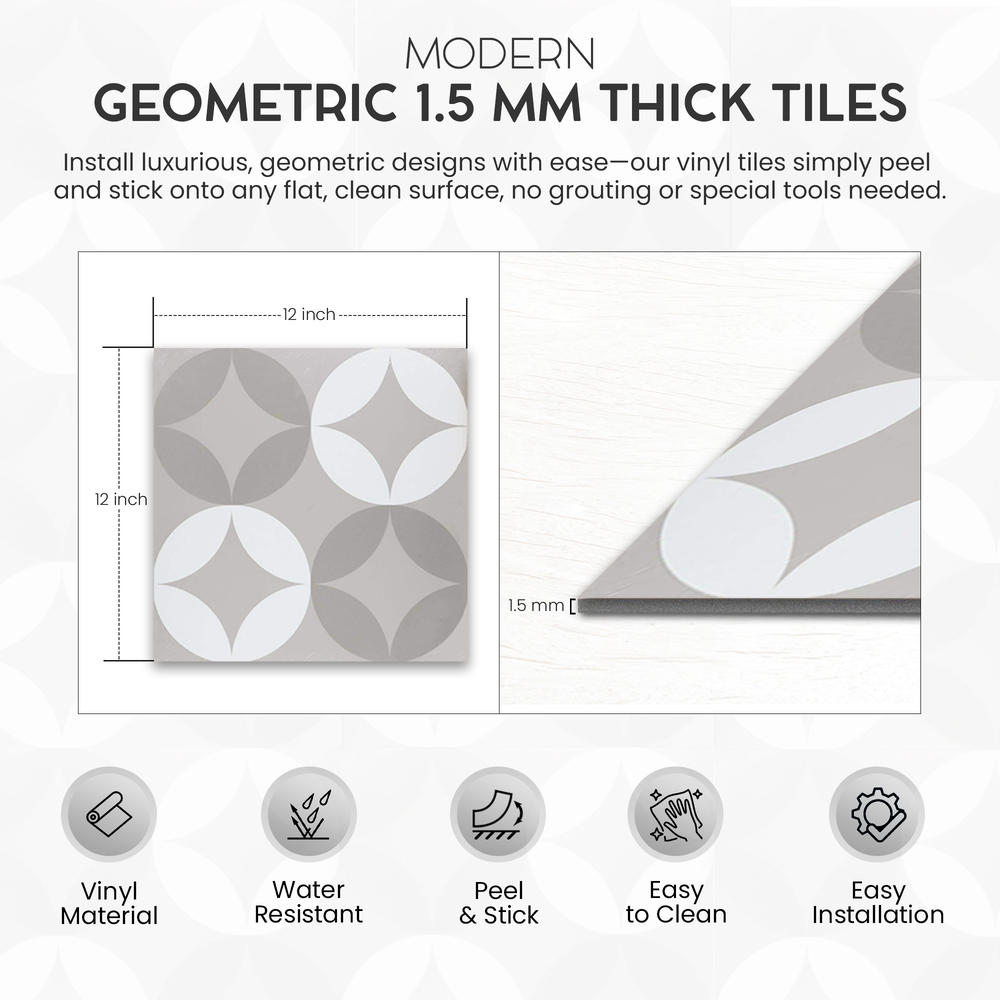 PowerSellerUSA Self-Stick Vinyl Modern Geometric 20-Pcs 1.5mm Thick Tiles, 12" x 12", White/Gray Stars