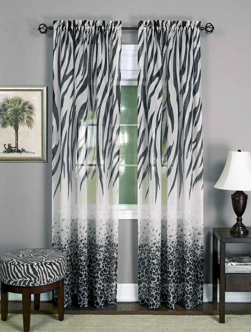 Designer Home Window 2-Pack Panel Curtain Animal Print Zebra Semi-Sheer Light Filtering Panel