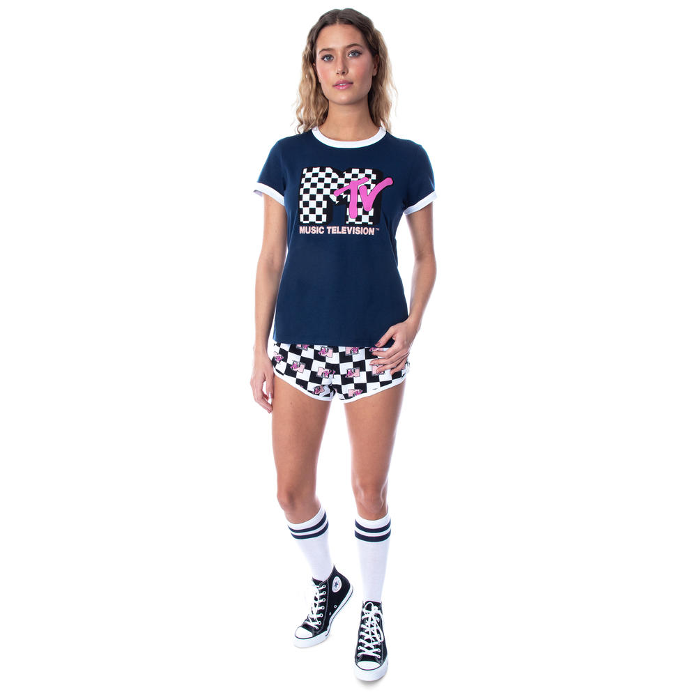 MJC MTV Music Television Women's 3 Piece Matching Pajama Set - Boxer Shorts, Shirt, And Slipper Socks