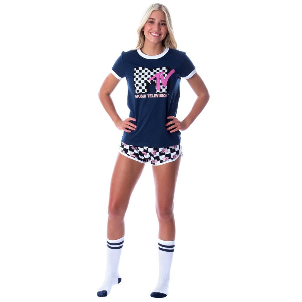 MJC MTV Music Television Women's 3 Piece Matching Pajama Set - Boxer Shorts, Shirt, And Slipper Socks