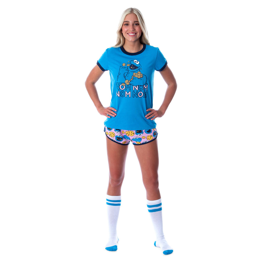 MJC International Group, LLC Sesame Street Women's Cookie Monster 3 Piece Matching Pajama Set - Boxer Shorts, Shirt, And Slipper Socks