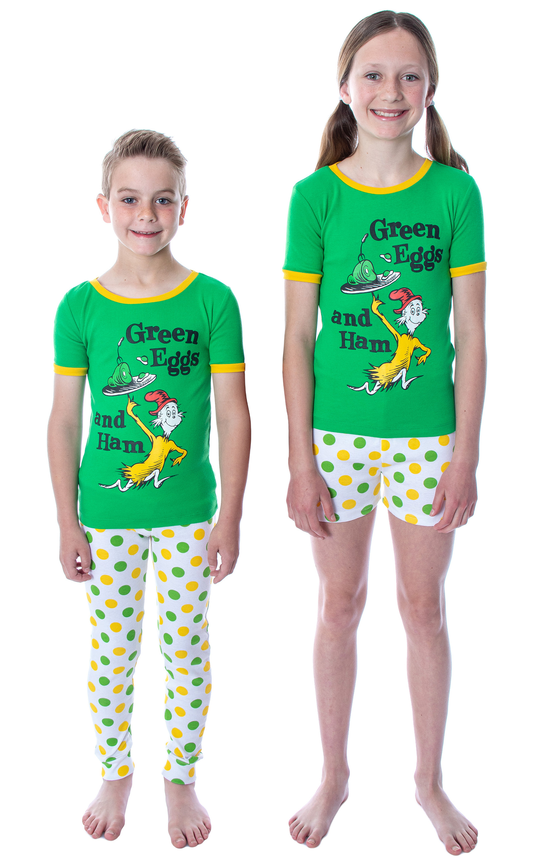 Seven Times Six Dr. Seuss Unisex Kids Green Eggs and Ham Shirt Shorts and Pants 3 Piece Pajama Set For Boys and Girls