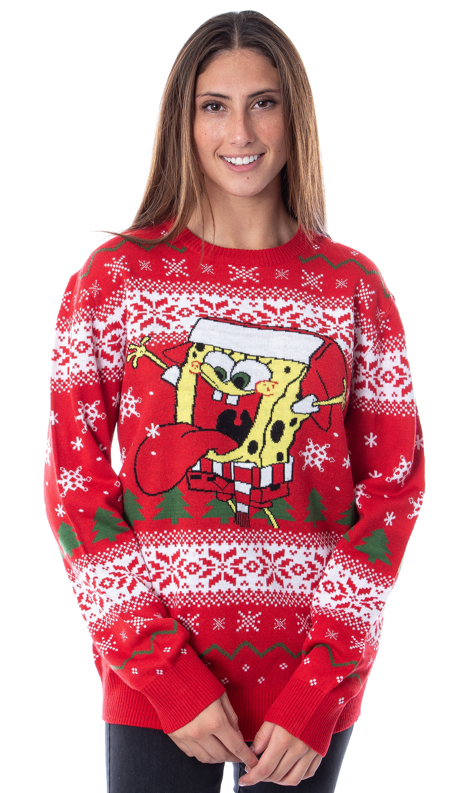 Bioworld Nickelodeon SpongeBob SquarePants Men's Snowflake Catching Ugly Christmas Sweater Holiday Knit Pullover