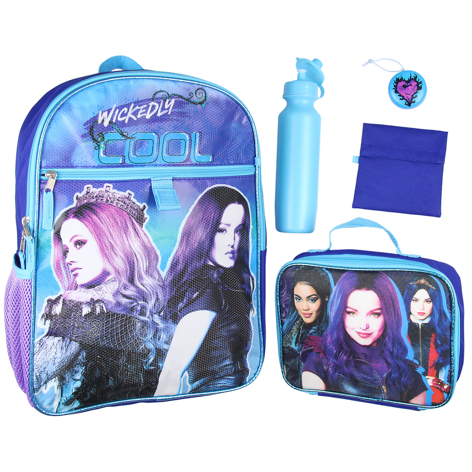 Bioworld Disney Descendants Wickedly Cool 16" Backpack Lunch Tote Water Bottle Squishy Snack Tote 5 Pc Set