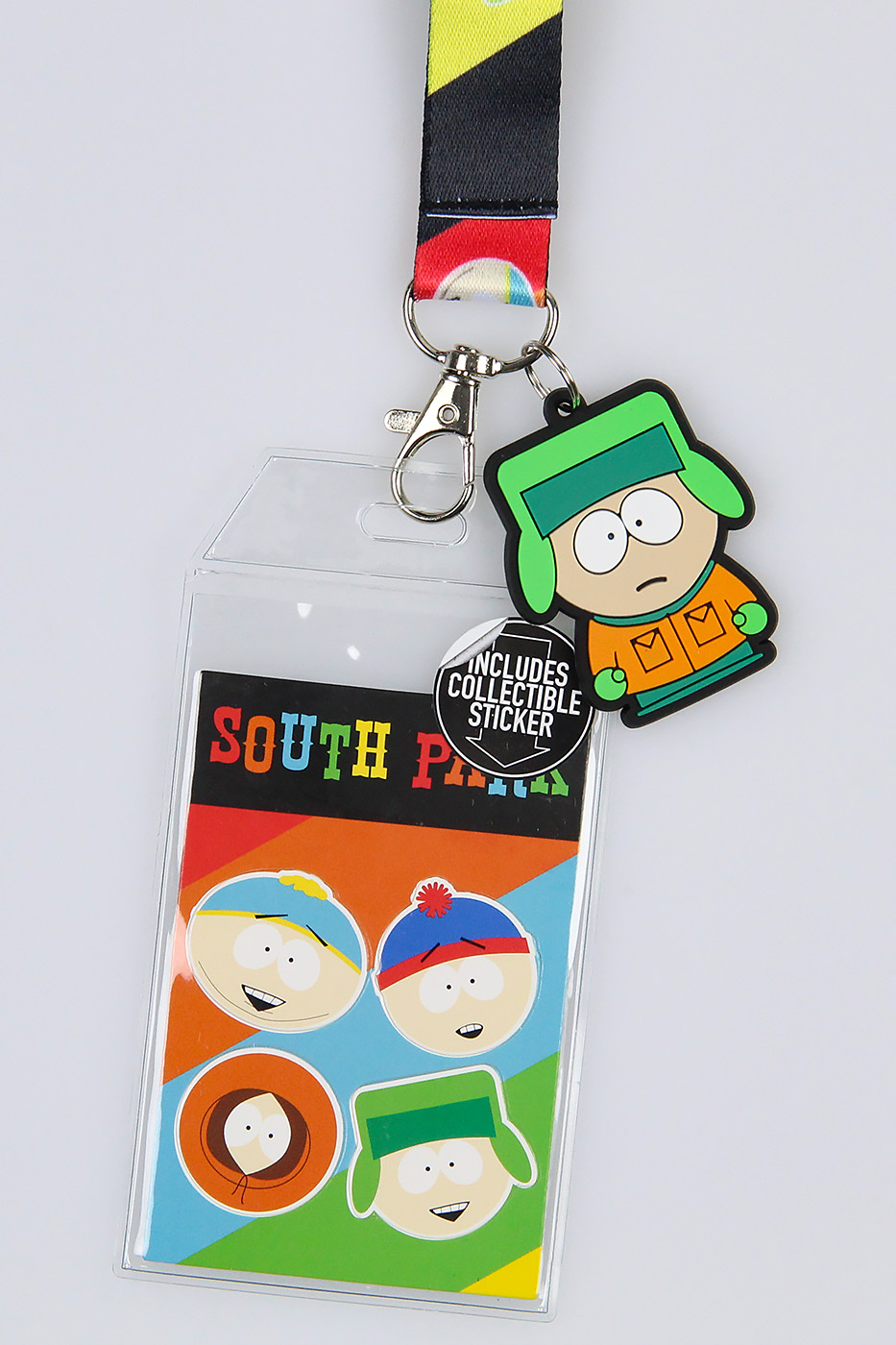 Bioworld South Park ID Badge Holder Lanyard w/ 2" Kyle Rubber Pendant And Collectible Stickers