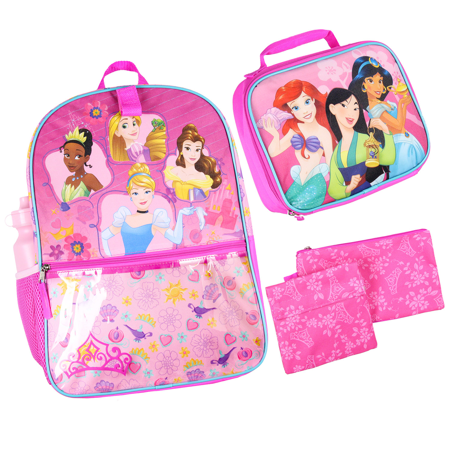 Bioworld Disney Princess 16” Backpack for Girls 5 Piece School Lunch Box Set